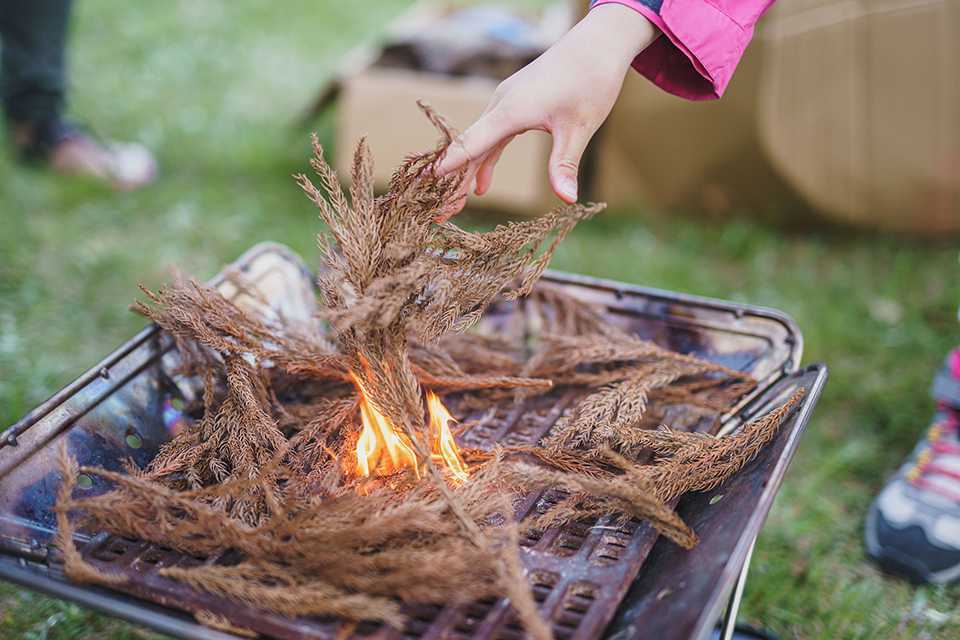 焚き火を起こしている子ども